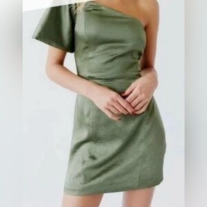 NEW Free People x Fame and Partners Cara One-Shoulder Micro Mini Dress 12 Green